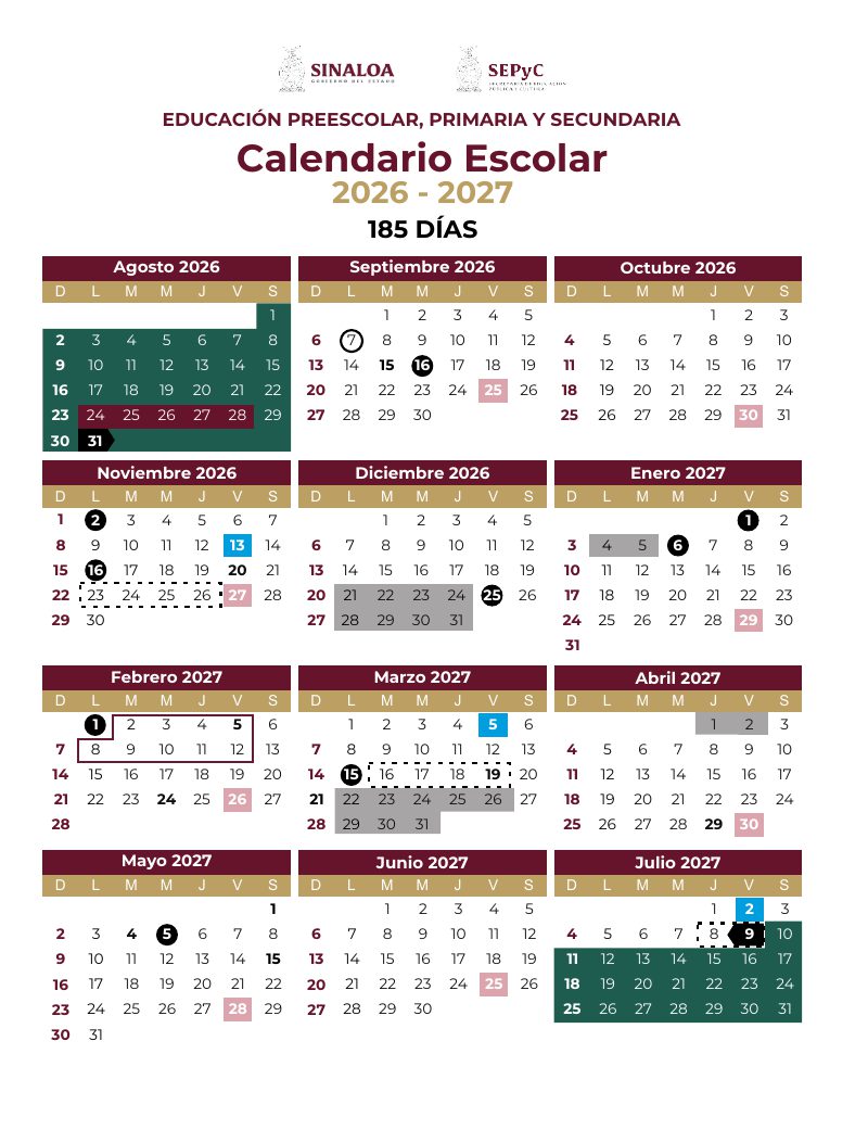 Calendario escolar impreso en la Bitácora Directiva